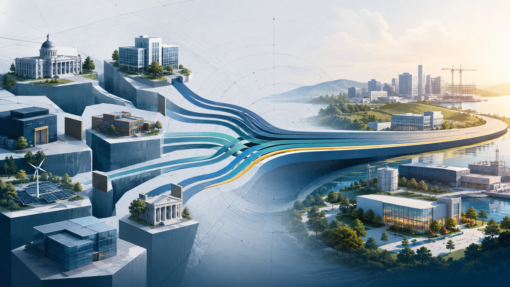 Industry ecosystem connecting public institutions, businesses, infrastructure, and growth