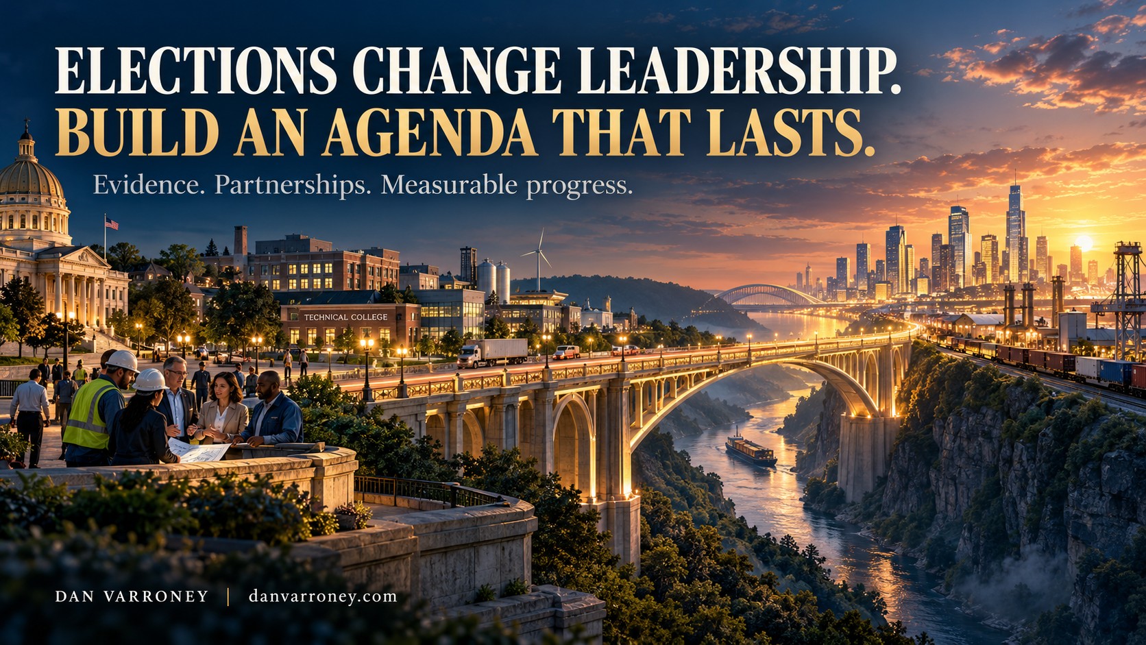 An illuminated bridge connecting industry and public institutions represents a growth agenda that endures political transitions.